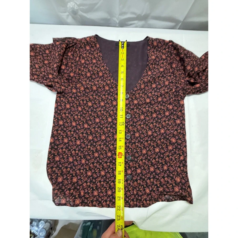 Madewell Floral V-Neck‎ Button Front Blouse Smocked Cuff Plum Orange Size 2